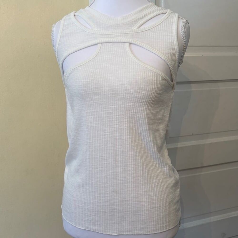 Pol top pol tank top white tank top cross cross front tank stretchy ribbed sexy - Picture 3 of 7
